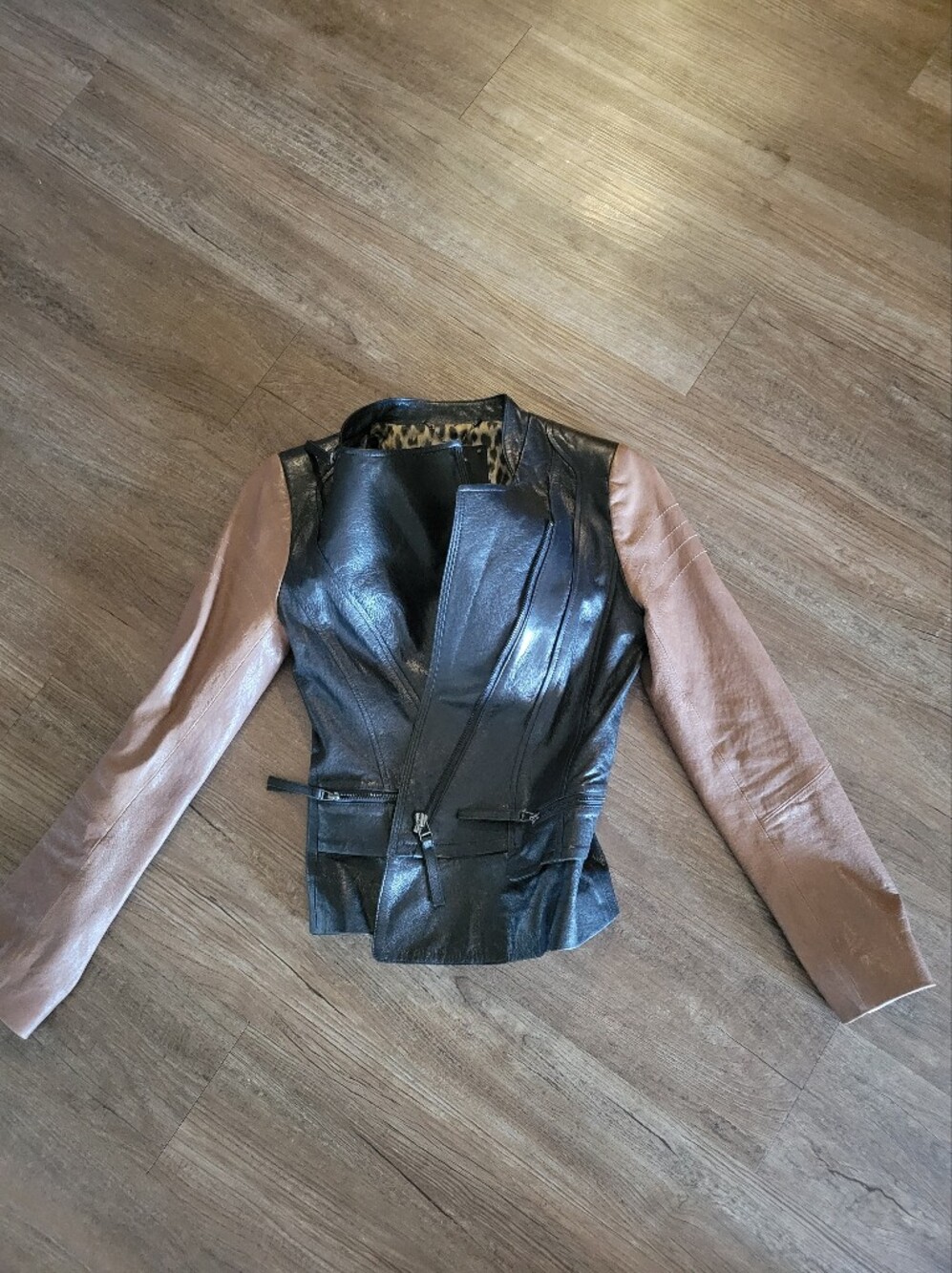 Privee Two-Tone Black and Taupe Leather  Jacket Genuine Lam Lether